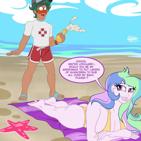 Size: 828x828 | Tagged: questionable, artist:dncsamsonart, derpibooru import, princess celestia, timber spruce, human, equestria girls, ass, ass up, beach, big breasts, bikini, bikini top, blushing, breasts, busty princess celestia, butt, clothes, image, jpeg, lifeguard, lying down, principal celestia, stupid sexy celestia, sunbutt, sunscreen, swimsuit