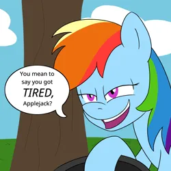 Size: 900x900 | Tagged: safe, artist:unitxxvii, derpibooru import, rainbow dash, pegasus, pony, dialogue, female, grin, image, implied applejack, mare, narrowed eyes, open mouth, open smile, png, pun, shit eating grin, smiling, smug, solo, speech bubble, tire