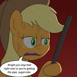 Size: 900x900 | Tagged: safe, artist:unitxxvii, derpibooru import, applejack, earth pony, pony, angry, applejack is not amused, dialogue, female, hoof hold, image, implied rainbow dash, lead pipe, mare, narrowed eyes, open mouth, png, red background, simple background, solo, speech bubble, unamused, vein bulge, weapon