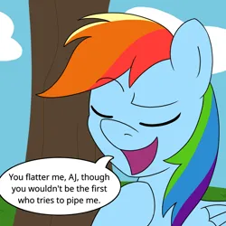 Size: 900x900 | Tagged: safe, artist:unitxxvii, derpibooru import, rainbow dash, pegasus, pony, dialogue, eyebrows, eyebrows visible through hair, eyes closed, female, image, implied applejack, mare, open mouth, open smile, png, pun, raised eyebrow, smiling, solo, speech bubble