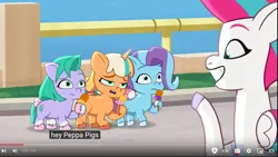 Size: 1171x661 | Tagged: safe, derpibooru import, edit, edited screencap, screencap, zipp storm, pegasus, pony, g5, my little pony: tell your tale, spoiler:g5, spoiler:my little pony: tell your tale, spoiler:tyts01e57, caption, female, frown, glory (g5), hot day huh?, image, mare, meme, open mouth, open smile, peach fizz, peppa pig, phone, png, seashell (g5), slur, smiling, youtube caption