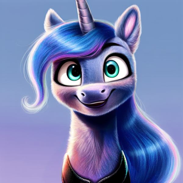 Size: 768x768 | Tagged: safe, derpibooru import, machine learning generated, stable diffusion, princess luna, ai content, big eyes, bust, cute, cute porn, ear fluff, female, generator:pony diffusion v5, gradient background, image, looking at you, png, portrait, smiling, solo