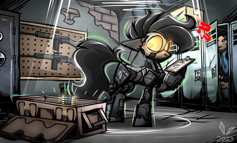 Size: 3255x1964 | Tagged: safe, derpibooru import, pony, robot, robot pony, fallout equestria, fallout, glow, glowing eyes, gun, image, lockers, png, solo, spotlight, weapon