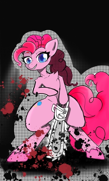 Size: 1200x2000 | Tagged: semi-grimdark, artist:ice-pick lobotoman, derpibooru import, pinkie pie, oc, unofficial characters only, earth pony, pony, bipedal, blood, chainsaw, female, image, jpeg, looking at you, mare, smiling, smiling at you