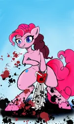 Size: 1200x2000 | Tagged: semi-grimdark, artist:ice-pick lobotoman, derpibooru import, pinkie pie, oc, unofficial characters only, earth pony, pony, bipedal, blood, chainsaw, female, image, jpeg, looking at you, mare, smiling, smiling at you