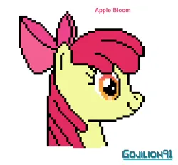 Size: 410x380 | Tagged: safe, artist:gojilion91, derpibooru import, apple bloom, earth pony, pony, bust, female, filly, foal, image, png, portrait, simple background, smiling, solo, text, white background