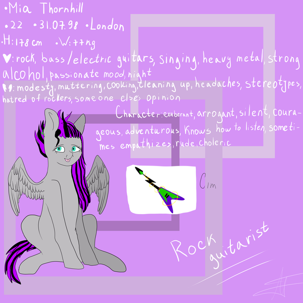 Size: 5000x5000 | Tagged: safe, artist:deadsmoke, derpibooru import, oc, oc:mia thornhill, unofficial characters only, pegasus, electric guitar, guitar, image, musical instrument, piercing, png, reference sheet, rock, sitting, solo, text, tongue out