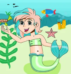 Size: 945x973 | Tagged: safe, artist:ocean lover, derpibooru import, coral currents, fish, human, mermaid, starfish, turtle, bandeau, bare shoulders, belly, belly button, boulder, bubble, cheerful, child, coralbetes, cute, female, fins, fish tail, green eyes, happy, human coloration, humanized, image, innocent, kelp, leaves, light skin, looking at something, mermaid tail, mermaidized, midriff, ms paint, ocean, older, older coral currents, open mouth, png, rock, sand, seaweed, sister, sleeveless, species swap, sponge, tail, tail fin, two toned hair, underwater, water