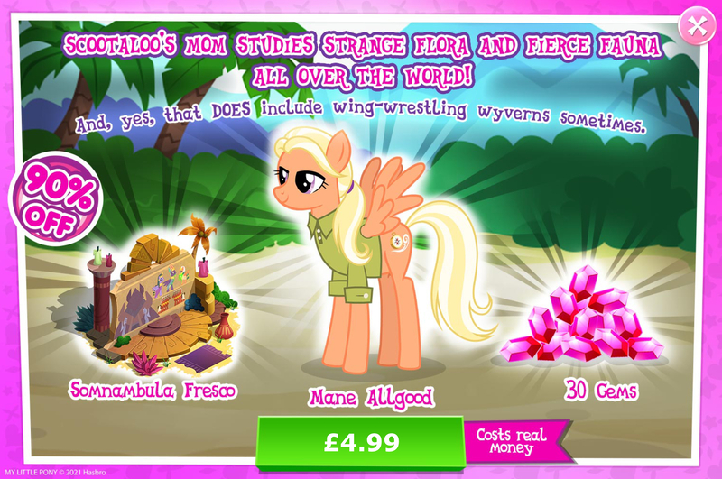 Size: 1956x1298 | Tagged: safe, derpibooru import, official, mane allgood, pegasus, pony, advertisement, bush, clothes, costs real money, english, gameloft, gem, image, jpeg, mobile game, my little pony: magic princess, numbers, palm tree, sale, shirt, solo, solo focus, spread wings, text, tree, wings