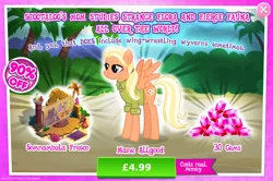 Size: 1956x1298 | Tagged: safe, derpibooru import, official, mane allgood, pegasus, pony, advertisement, bush, clothes, costs real money, english, gameloft, gem, image, jpeg, mobile game, my little pony: magic princess, numbers, palm tree, sale, shirt, solo, solo focus, spread wings, text, tree, wings