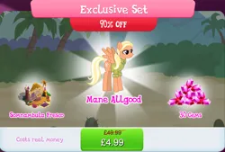 Size: 1270x861 | Tagged: safe, derpibooru import, official, mane allgood, pegasus, pony, bundle, bush, clothes, costs real money, english, gameloft, gem, image, jpeg, mobile game, my little pony: magic princess, numbers, palm tree, sale, shirt, solo, solo focus, spread wings, text, tree, wings