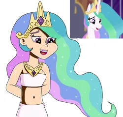 Size: 942x896 | Tagged: safe, artist:ocean lover, derpibooru import, princess celestia, alicorn, human, pony, princess twilight sparkle (episode), season 4, bare midriff, bare shoulders, beautiful, beautiful hair, belly, belly button, crown, diamond, elegant, eyebrows, female, flowing hair, human coloration, humanized, image, jewelry, lips, long hair, looking at someone, midriff, multicolored hair, open mouth, open smile, png, reference, regalia, scene interpretation, sleeveless, smiling, solo, starry hair, wavy hair