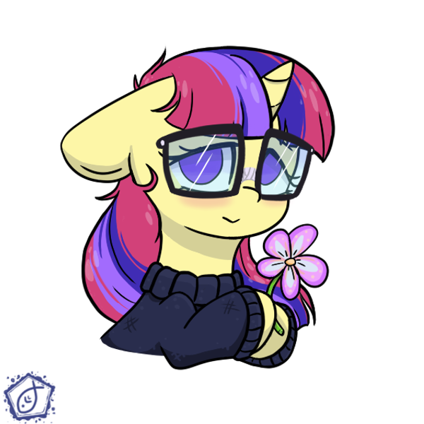 Size: 600x600 | Tagged: safe, artist:swishyfishy4308, derpibooru import, moondancer, pony, unicorn, clothes, commission, cute, female, flower, glasses, image, mare, outline, png, promo, promotional art, simple background, sweater, transparent background, white outline, ych example, ych result, your character here