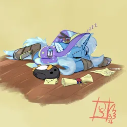 Size: 2000x2000 | Tagged: safe, artist:jubyskylines, derpibooru import, trixie, pony, unicorn, cape, clothes, female, hat, image, mare, onomatopoeia, plushie, png, scroll, sleeping, solo, sound effects, trixie's hat, zzz
