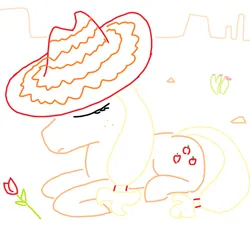 Size: 1364x1252 | Tagged: safe, artist:purblehoers, derpibooru import, applejack, cactus, desert, flower, hat, image, lying down, ms paint, png, rock, rose, sad, simple background, solo, sombrero, white background