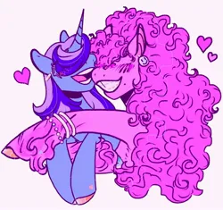 Size: 2048x1926 | Tagged: safe, artist:rare-apples, derpibooru import, minuette, pinkie pie, earth pony, pony, unicorn, 2d, colored, digital art, duo, female, happy, hugging a pony, image, jpeg, lesbian, long hair, looking at each other, looking at someone, mare, minupie, shipping, smiling, smiling at each other
