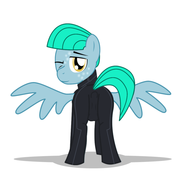 Size: 900x900 | Tagged: questionable, alternate version, artist:warren peace, derpibooru import, oc, oc:loop rider, unofficial characters only, pegasus, pony, fallout equestria, ashes town, balls, butt, clothes, coat markings, dappled, enclave, full body, grand pegasus enclave, image, implied anus, implied balls, jumpsuit, looking at you, male, nudity, one eye closed, plot, png, rear view, shadow, show accurate, simple background, solo, stallion, transparent background, wings, wink