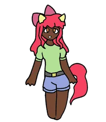 Size: 799x920 | Tagged: safe, artist:icey-wicey-1517, artist:snailsgift, color edit, derpibooru import, edit, apple bloom, human, adorabloom, apple bloom's bow, belt, bow, chibi, clothes, collaboration, colored, cute, dark skin, eared humanization, female, grin, hair bow, humanized, image, picture for breezies, png, shirt, shorts, simple background, smiling, solo, t-shirt, tail, tailed humanization, transparent background