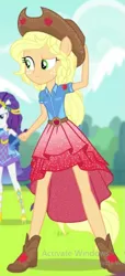Size: 291x639 | Tagged: safe, derpibooru import, screencap, applejack, rarity, cheer you on, equestria girls, equestria girls series, spoiler:eqg series (season 2), alternate hairstyle, applejack's hat, background human, belt, blonde hair, boots, clothes, cowboy boots, cowboy hat, cutie mark, cutie mark on clothes, eyebrows, fist, green eyes, grin, hand on hat, hat, image, orange skin, png, ponied up, pony ears, raised eyebrow, shirt, shoes, skirt, smiling, stetson, super ponied up