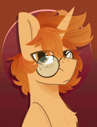 Size: 1300x1700 | Tagged: safe, artist:modularpon, derpibooru import, oc, oc:golden autumn, unofficial characters only, pony, unicorn, animated, freckles, gif, glasses, image, looking at you, male, solo