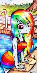 Size: 1087x2157 | Tagged: safe, artist:liaaqila, derpibooru import, rainbow dash, equestria girls, clothes, commission, dress, female, image, jpeg, looking at you, smiling, smiling at you, solo, swimming pool, traditional art, wet, wet clothes