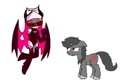 Size: 816x560 | Tagged: safe, derpibooru import, editor:wonderwolf51, demon, earth pony, blindfold, broken horn, duo, duo female, female, for a roleplay, friday night funkin', henchmare, horn, image, missing cutie mark, missing horn, no eyes, png, ripped wing, sarvente, scar, torn wings, wings