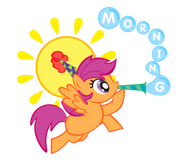 Size: 185x160 | Tagged: safe, derpibooru import, screencap, scootaloo, pegasus, pony, animation error, bugle, female, filly, foal, hat, image, line sticker, morning, png, scootaloo can fly, simple background, solo, spread wings, sticker, stock vector, sun, text, transparent background, wings
