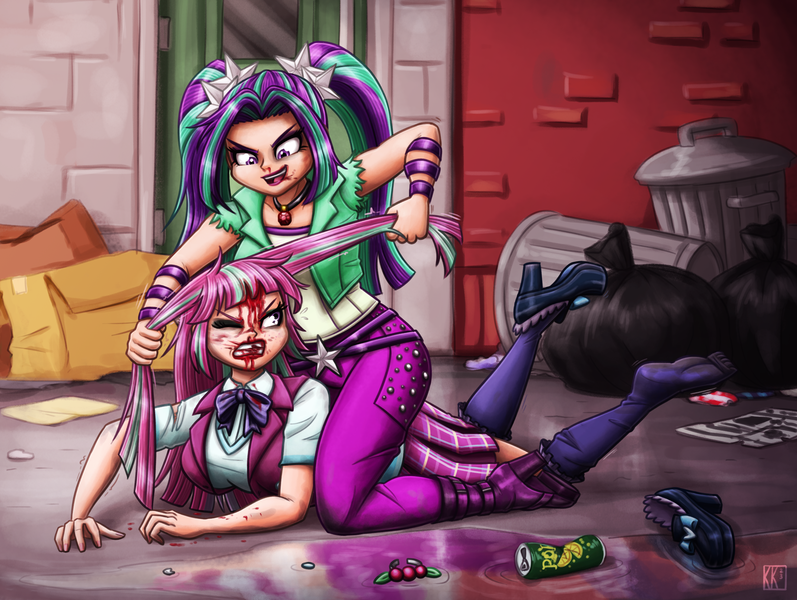 Size: 2610x1965 | Tagged: semi-grimdark, artist:king-kakapo, derpibooru import, aria blaze, sour sweet, human, equestria girls, alley, bag, bleeding, blood, can, cardboard box, catfight, commission, female, fight, hair pulling, image, injured, nosebleed, one shoe off, png, trash bag, trash can