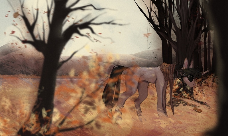 Size: 1280x768 | Tagged: safe, artist:mich, derpibooru import, oc, oc:mahov, unofficial characters only, pony, unicorn, autumn, black mane, derpibooru exclusive, female, forest, horn, image, jpeg, leaves, looking down, male, solo, stallion, tree, unicorn oc