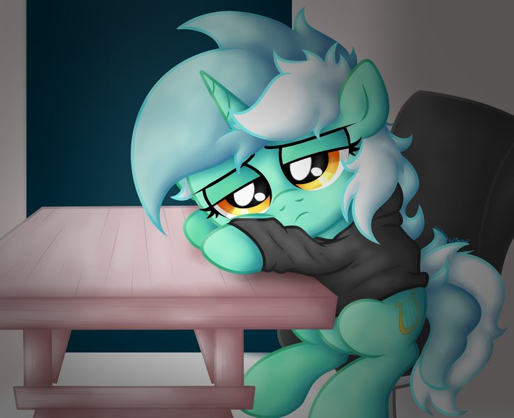 Size: 2465x2003 | Tagged: safe, artist:background basset, derpibooru import, lyra heartstrings, pony, unicorn, fanfic:background pony, chair, clothes, depressed, dig the swell hoodie, hoodie, image, lidded eyes, png, sad, sitting, solo, table