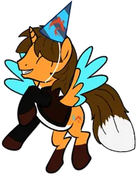 Size: 481x612 | Tagged: safe, artist:noikincade67, derpibooru import, oc, oc:ej, unofficial characters only, alicorn, birthday, clothes, eyes closed, flying, happy birthday, hat, image, male, party hat, png, simple background, smiling, solo, transparent background, wings