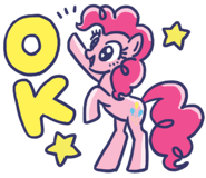 Size: 185x160 | Tagged: safe, derpibooru import, official, pinkie pie, earth pony, pony, cute, doodle, eyes open, female, image, line sticker, mare, ok, open mouth, open smile, png, rearing, simple background, smiling, solo, stars, text, transparent background