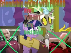 Size: 640x480 | Tagged: safe, artist:noobjo.exe, derpibooru import, edit, edited screencap, screencap, discord, twilight sparkle, twilight sparkle (alicorn), alicorn, draconequus, pony, celestial advice, 1000 hours in ms paint, actor allusion, caption, dead meme, derpibooru exclusive, facepalm, friendship ended with x, image, image macro, jean-luc picard, meme, personal space invasion, png, star trek, surprised, text, voice actor joke, wide eyes
