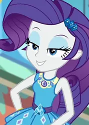 Size: 502x706 | Tagged: safe, derpibooru import, screencap, rarity, equestria girls, equestria girls series, rollercoaster of friendship, armpits, beautiful, bedroom eyes, belt, eyeshadow, frilly design, geode of shielding, hairpin, hand on hip, image, jpeg, magical geodes, makeup, sleeveless, sleeveless tank top, smiling, solo, teeth