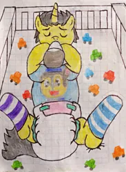 Size: 2928x4008 | Tagged: safe, artist:bitter sweetness, derpibooru import, edit, oc, oc:bitter sweetness, unofficial characters only, abdl, adult foal, baby bottle, baby crib, bed, chase (paw patrol), clothes, diaper, diaper dry, diaper edit, diaper fetish, dry diaper, eyes closed, fetish, graph paper, hooves, horn, image, laying on bed, lying down, male, mattress, non-baby in diaper, on bed, paw patrol, png, socks, striped socks, traditional art