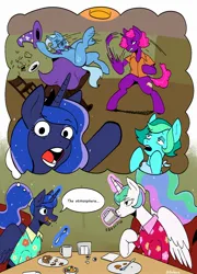 Size: 1264x1751 | Tagged: safe, artist:balileart, derpibooru import, part of a set, princess celestia, princess luna, trixie, earth pony, pony, unicorn, bipedal, cape, clothes, comic, folded wings, food, frown, hat, image, imagination, jpeg, magic, meme, open mouth, sitting, text, thought bubble, wings, wizard hat
