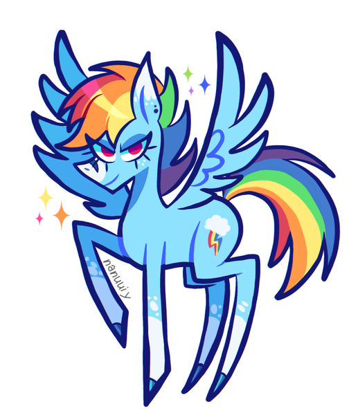 Size: 993x1152 | Tagged: safe, artist:nanuuiy, derpibooru import, rainbow dash, pegasus, pony, image, looking at you, png, raised hoof, simple background, smiling, smirk, solo, spread wings, standing, white background, wings