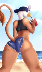 Size: 1729x2924 | Tagged: suggestive, artist:mina-the-pie, derpibooru import, gilda, anthro, gryphon, ass, baseball cap, beach, butt, cap, clothes, drink, drinking, female, gildonk, hat, image, looking at you, looking back, looking back at you, png, shorts, soda, solo, tanktop, wingless, wingless anthro