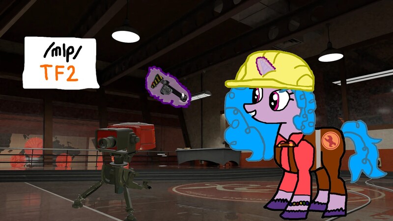 Size: 1920x1080 | Tagged: safe, derpibooru import, izzy moonbow, pony, unicorn, g5, /mlp/ tf2 general, 2fort, engineer, female, hat, image, jpeg, magic, mare, sentry gun, team fortress 2, telekinesis, text, wrench
