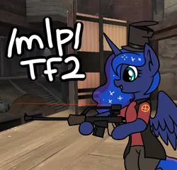 Size: 913x877 | Tagged: safe, derpibooru import, princess luna, alicorn, pony, /mlp/ tf2 general, bipedal, classic, clothes, female, gibus, hat, image, jacket, jpeg, mare, sniper, team fortress 2, text, upward