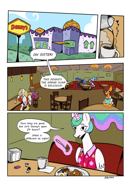 Size: 1264x1751 | Tagged: safe, artist:balileart, derpibooru import, princess celestia, princess luna, oc, alicorn, earth pony, pegasus, pony, alternate hairstyle, bacon, clothes, coffee, comic, denny's, dialogue, female, food, fork, fried egg, hawaiian shirt, image, levitation, magic, mare, meat, pancakes, png, ponies eating meat, ponytail, sausage, shirt, sitting, speech bubble, telekinesis