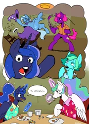 Size: 1264x1751 | Tagged: safe, artist:balileart, derpibooru import, part of a set, princess celestia, princess luna, trixie, oc, oc:blue stroke, oc:scribble scrawl, alicorn, earth pony, pony, unicorn, alternate hairstyle, bipedal, burger, clothes, coffee, coffee mug, comic, denny's, drink, drinking, female, food, fork, french fries, frown, hawaiian shirt, image, imagination, levitation, magic, mare, meme, mug, open mouth, pancakes, png, pointing, ponytail, puffy cheeks, punch, shirt, sipping, sitting, telekinesis, thought bubble