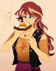 Size: 1557x1983 | Tagged: safe, artist:honekiez, derpibooru import, sunset shimmer, human, equestria girls, clothes, food, geode of empathy, gradient background, image, jacket, jewelry, jpeg, magical geodes, necklace, solo, sweat, sweatdrop
