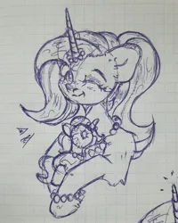Size: 2736x3418 | Tagged: safe, artist:starkey, derpibooru import, oc, unofficial characters only, pony, unicorn, beads, bracelet, braid, braided tail, chest fluff, ear fluff, female, fur, graph paper, horn, image, jewelry, jpeg, looking at you, mare, one eye closed, open mouth, sketch, smiling, solo, tail, toy, traditional art, unicorn oc, wink, winking at you