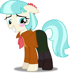 Size: 3814x4000 | Tagged: safe, artist:dashiesparkle, artist:edy_january, derpibooru import, edit, vector edit, coco pommel, earth pony, pony, ashley graham, biohazard, blushing, boots, clothes, image, link in description, mantle, parody, png, resident evil, resident evil 4, resident evil 4 remake, ribbon, shoes, simple background, transparent background, vector, vector used
