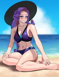 Size: 3186x4096 | Tagged: safe, artist:tzc, derpibooru import, rarity, human, equestria girls, ankles, barefoot, beach, bedroom eyes, belly button, bikini, breasts, cleavage, clothes, cloud, cute, diamond, feet, female, hat, humanized, image, legs, looking at you, midriff, ocean, outdoors, png, raribetes, solo, solo female, stupid sexy rarity, sun hat, swimsuit, toes, water