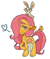 Size: 1726x2048 | Tagged: safe, artist:zira_dawn, derpibooru import, angel bunny, fluttershy, bird, pegasus, pony, rabbit, angel riding fluttershy, animal, cute, female, floppy ears, hair over one eye, heart, image, jpeg, looking at you, mare, missing cutie mark, shyabetes, simple background, smiling, smiling at you, white background