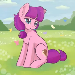 Size: 1512x1512 | Tagged: safe, artist:maravor, derpibooru import, lily longsocks, earth pony, pony, background pony, female, field, filly, foal, image, mare, png, sitting, smiling, solo