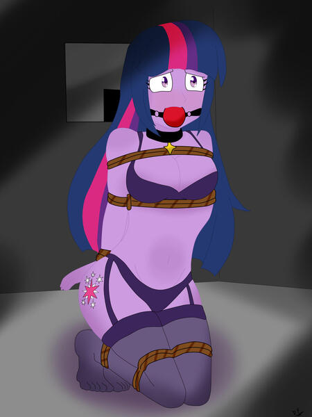 Size: 1280x1707 | Tagged: semi-grimdark, suggestive, artist:davidfudo, derpibooru import, twilight sparkle, equestria girls, arm behind back, ballgag, belly button, blushing, bondage, bound and gagged, bra, breasts, busty twilight sparkle, cleavage, clothes, collar, commission, cutie mark, dark room, dog collar, dog tags, female, femsub, fetish, gag, garters, image, indoors, jpeg, kidnapped, kneeling, legs together, long hair, looking up, panties, rope, rope bondage, shrunken pupils, socks, solo, solo female, stockings, submissive, thigh highs, tied up, twisub, underwear, worried