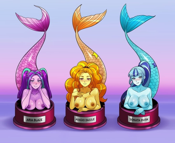 Size: 850x696 | Tagged: source needed, questionable, artist:shinzu031, derpibooru import, adagio dazzle, aria blaze, sonata dusk, mermaid, equestria girls, big breasts, blushing, breasts, busty adagio dazzle, busty aria blaze, busty dazzlings, busty sonata dusk, female, females only, heart, heart eyes, image, jpeg, looking at you, lying down, mermaidized, nipples, nudity, pedestal, prone, smiling, smiling at you, species swap, the dazzlings, trio, trio female, wingding eyes